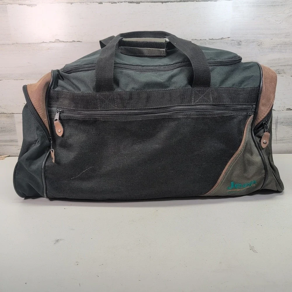Vintage JEEP Duffle/Travel/Gym Bag 90's‎ Green Canvas Brown Leather Corners EXC